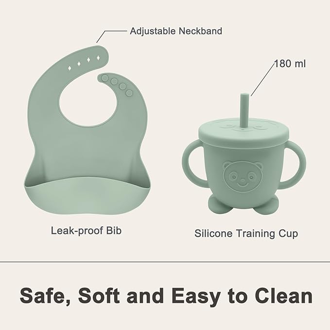 Silicone Baby Feeding Set | Baby Led Weaning Supplies Includes Suction Bowls and Divided Plates, Adjustable Bib, Baby Utensils Spoons and Forks,Cup | Baby Feeding Essentials (Light Green)