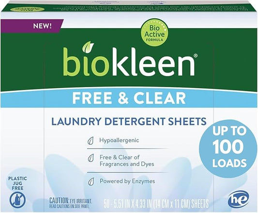 Biokleen Laundry Detergent Sheets - Dye & Fragrance Free, Hypoallergenic, Enzymatic Cleaner, Stain Remover, Bio Active Formula, No Plastic Jug, Unscented, 100 Loads