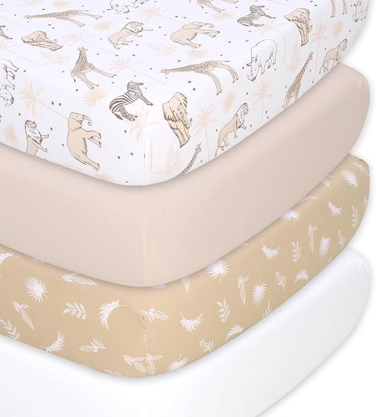 The Peanutshell 4-Pack Organic Fitted Crib Sheet Set - Soft & Breathable Baby Girl or Boy Crib Sheets, 100% Jersey Cotton Nursery Decor, Fit for Standard Mattress Cover- Caramel Safari