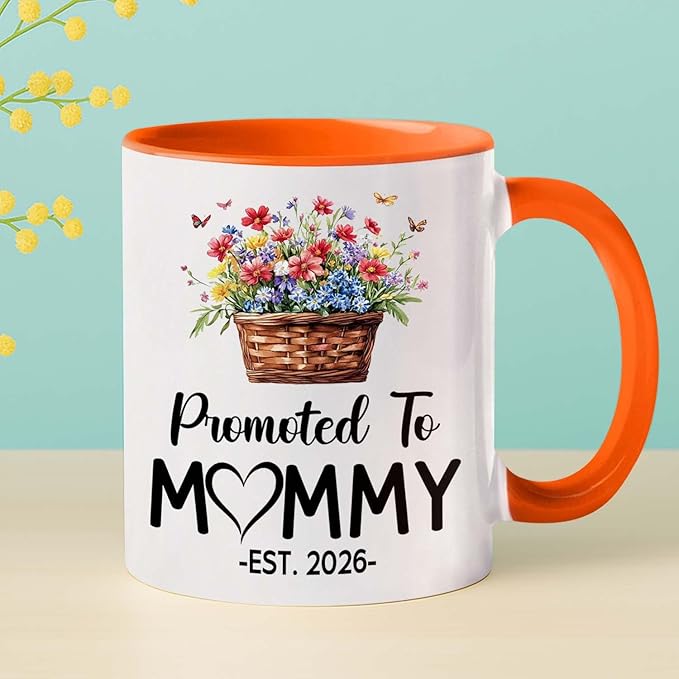 Personalized Promoted To Mommy Accent Coffee Mug With Name Year, Custom Mom Mother Mama EST 2026 Coffee Cup, Mama To Be Mug Gift For New Mommy/Wife From Husband, First Time New Mom White Cup 11 15Oz