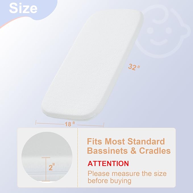 NeoBorn Baby Bassinet Mattress Pad, 32" x 18" Dual Sided Comfort Gel Memory Foam Mattress with Removable Breathable Soft Tencel Cover Fit for RONBEI/Ingenuity/Cuddor Baby Bassinet