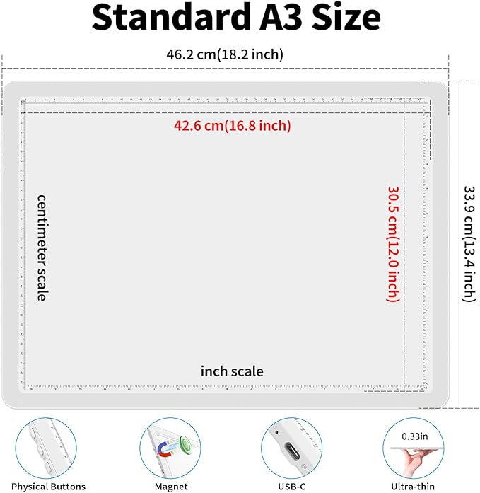 Phylosal Rechargeable A3 Light Pad with Carry Bag, Ultra-Thin Magnetic Tracing Light Box for Drawing, Diamond Art Painting Light Board with Side Button, Super Bright Light Table for Sketching (White)