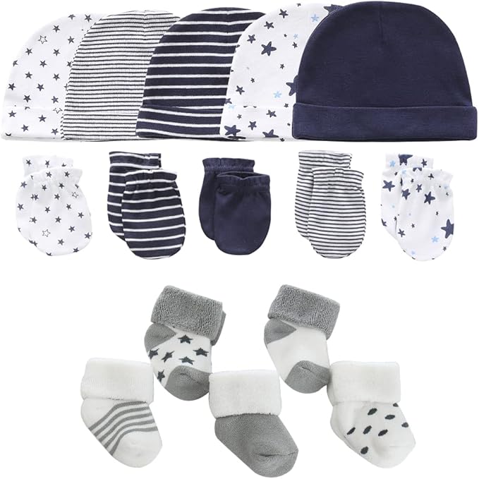 Newborn Baby Boy Girl Caps Mittens Socks Set Cotton Baby Essentials Accessories (Hats+Gloves+Socks)