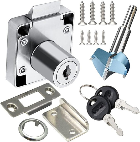 Automatic Lock Tongue Cabinet Drawer Lock & Forstner Drill Bit Furniture Locker Lock Showcase Lock Drilling Diameter 3/4"/19mm for (3/5"-/15mm -7/8"-/22mm) Door Panel