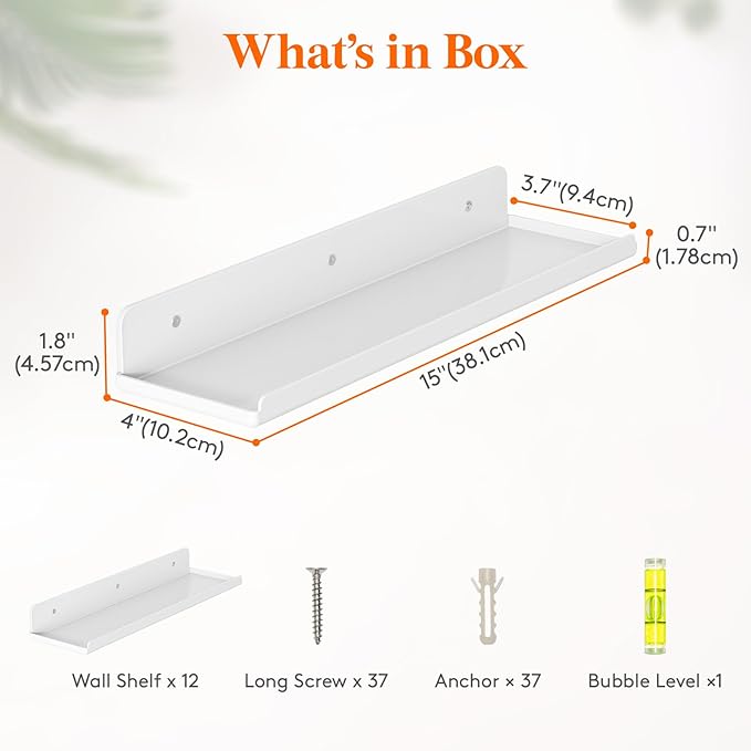 Lifewit Floating Shelves for Wall, 12 Pack White Acrylic Shelf 15" Room Decor for Bookcase/Vinyl Record Display/Photo/Picture in Bedroom, Living Room, Bathroom, Kitchen Storage and Organization