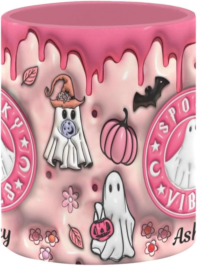 Personalized Halloween Coffee Mug with Names, Pumpkin Coffee Cup, Custom Ghost Ceramic Coffee Mug, Spooky Vibes Trick Or Treat Halloween Accent Mug, Spooky Season Gift for Women Her 11 Oz