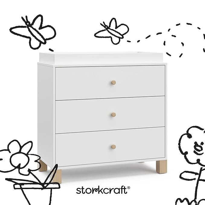 Storkcraft California 3-Drawer Chest with Removable Changing Topper (White with Driftwood) – GREENGUARD Gold Certified, Interlocking Drawer System, Pre-Installed Tracks, Easy Assembly