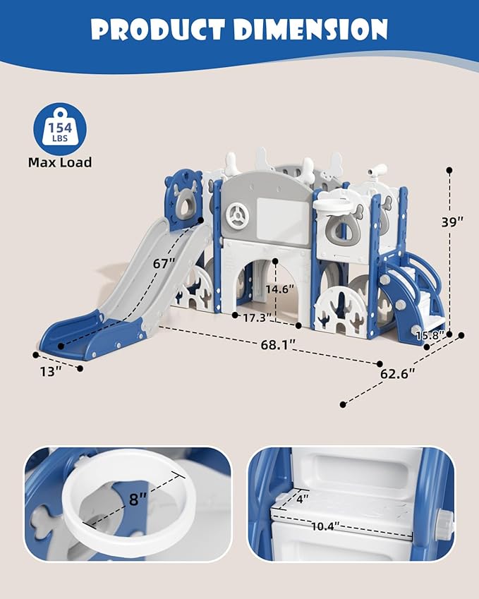 XJD 13 in 1 Toddler Slide Set, Kids Slide for Toddlers Age 1+, New Upgrade with Golf Set, Basketball Hoop, Drawing Board for Indoor Outdoor Playset,Toddler Playground (Blue Gley)