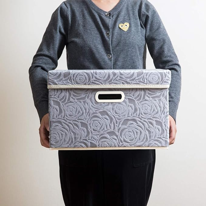 PRANDOM Collapsible Storage Cubes with Lids Fabric Decorative Storage Bins Boxes Organizer Containers Baskets with Cover Handles for Bedroom Closet Living Room 14.9x9.8x9.8 Inch 3 Pack