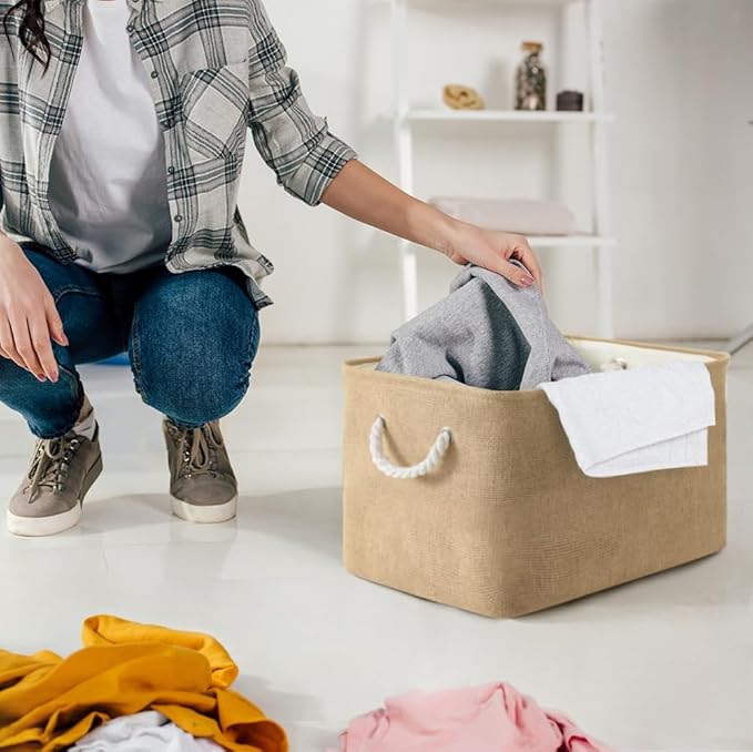 Organization and Storage Basket for Organizing - 17X15X12 inch 2 Pack Collapsible Baskets for Shelves, Fabric Storage Cubes with Rope, Storage Box for Cloth Decorative Gift (Beige)