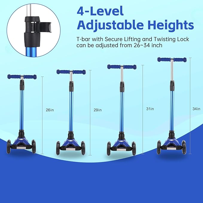 3 Wheel Scooter for Kids Ages 6-12,Kids Scooter with Light Up Wheels, Sturdy Deck Design, and 4 Height Adjustable Suitable for Kid Ages 3-12