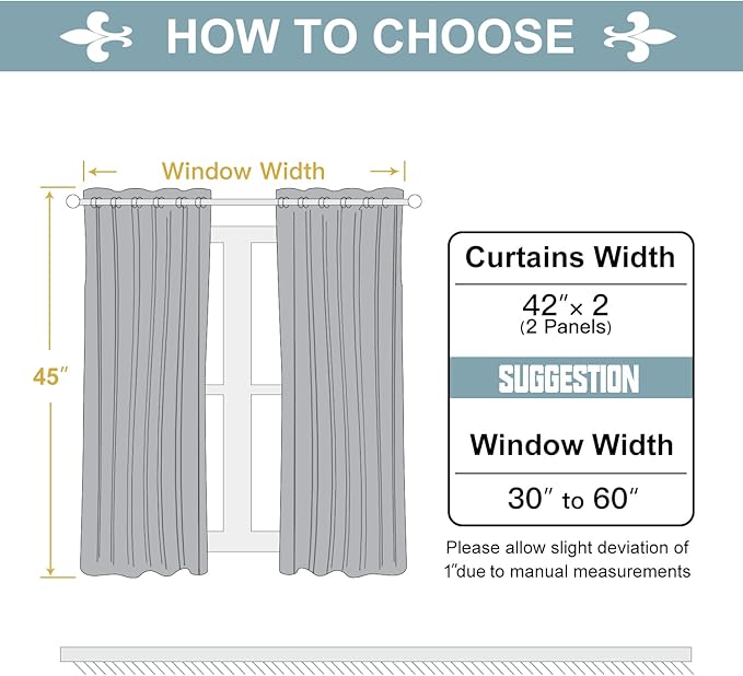 ChrisDowa 100% Blackout Curtains for Bedroom with Black Liner, 2 Thick Layers Total Blackout Thermal Insulated Grommet Small Window Curtains 45 Inch Length 2 Panels Set (Light Grey, 42 x 45 Inch)