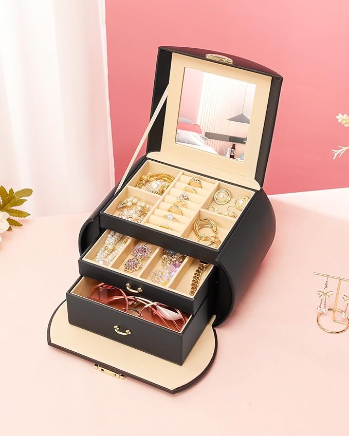 Homde Girls Jewelry Box Jewelry Storage Case Organizer with Mirror for Rings, Earrings, Bracelets, Necklaces (Black + Gold)