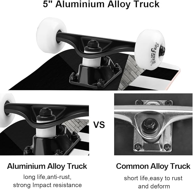WhiteFang Skateboards for Beginners, Complete Skateboard 31 x 7.88, 7 Layer Canadian Maple Double Kick Concave Standard and Tricks Skateboards for Kids and Beginners