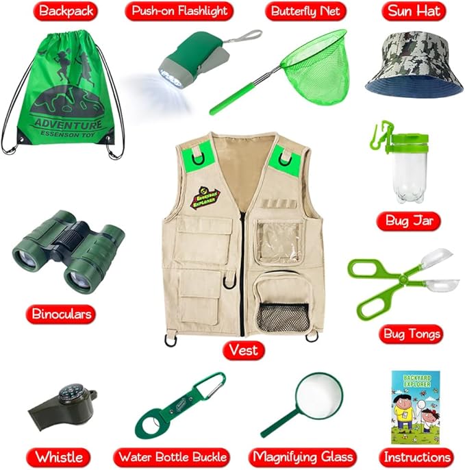 ESSENSON Outdoor Explorer Kit & Bug Catcher Kit with Vest, Outdoor Toy Gift for 3 4 5 6 7 8+ Year Old Boys Girls Kids Binoculars, Magnifying Glass, Butterfly Net, Camping, Adventure
