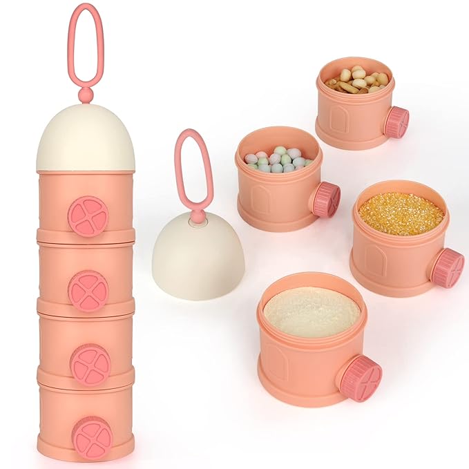 Accmor Formula Dispenser On The Go, 4 Layers Stackable Formula Container to Go, Non-Spill Portable Milk Powder Baby & Kids Snack Container, Pink