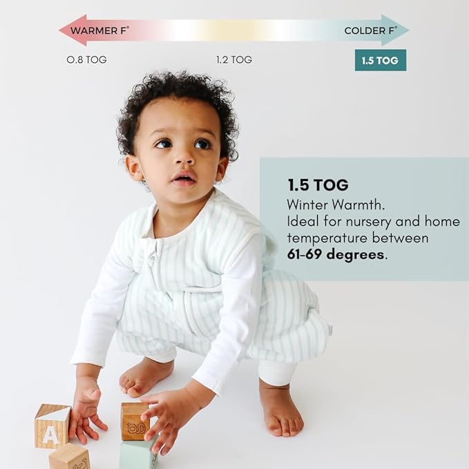 Tealbee Dreamsuit: Toddler Sleep Sack with Feet 2T 3T - 1.5 TOG Winter Baby Wearable Blanket for Walkers - Rayon made from Bamboo, Organic Cotton Sleep Bag - Minty Stripes