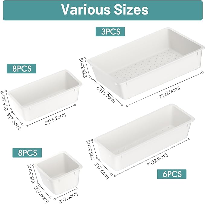 WOWBOX 25 PCS Plastic Drawer Organizer Set, 4 Sizes Desk Drawer Divider Organizers and Storage Bins for Makeup, Jewelry, Gadgets for Kitchen, Bedroom, Bathroom, Office, White