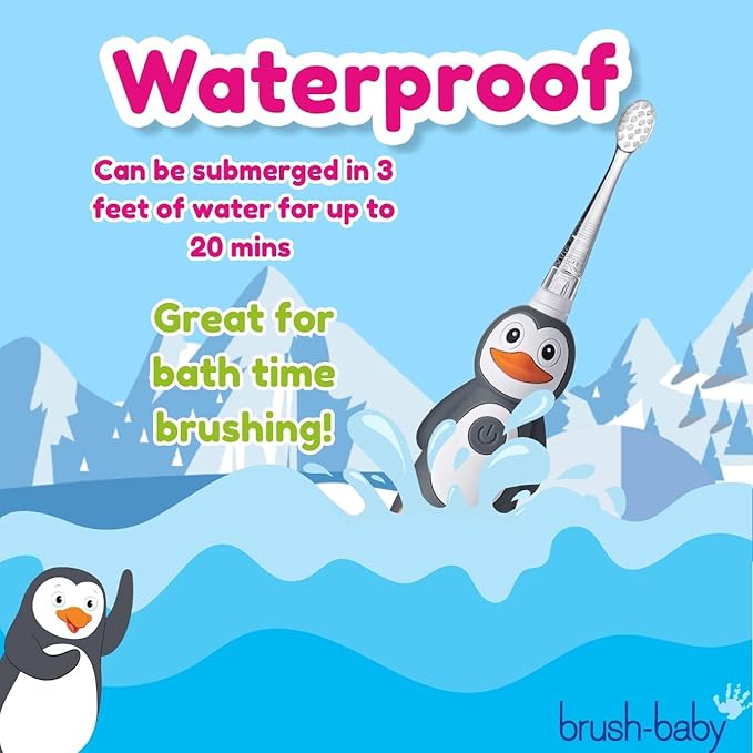 brush-baby WildOnes Kids Electric Rechargeable Toothbrush Penguin, 1 Handle, 3 Brush Heads, USB Charging Cable, for Ages 0-10 (Penguin)