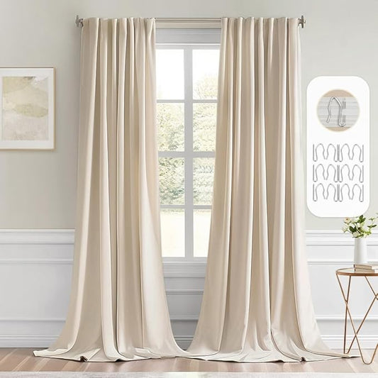 MIULEE Cream Beige Back Tab Light Blocking Curtains 104 Inch Length 2 Panels Set for Living Room Bedroom Privacy, Rod Pocket/Pinch Pleat Thermal Insulated Room Darkening Pleated Blackout Drapes