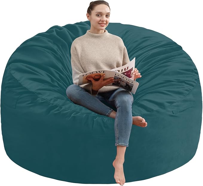 6FT Bean Bag Chair, Large Bean Bag Chairs with Memory Foam Filled, Fluffy Beanbag Sofa with Dutch Velvet Cover, Round BeanBag Chairs for Living Room, Playroom - Sea Blue