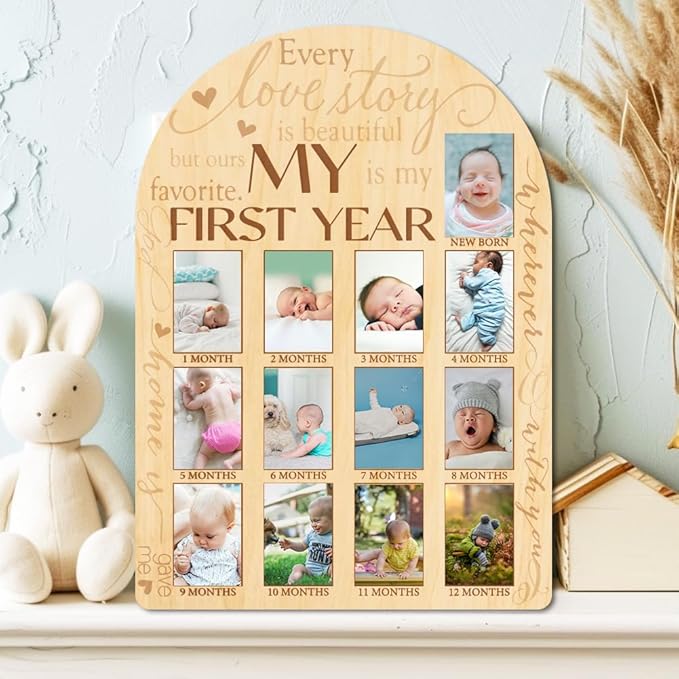 ORIGACH My First Year Baby Growth Photo Display Wood Board - 12 Months Newborn Milestones Photo Board - Neutral Baby Keepsake Board 1st Birthday Party Nursery Decor New Mom Gift - Sentiment Words