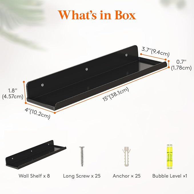 Lifewit Floating Shelves for Wall, 8 Pack Black Acrylic Shelf 15" Room Decor for Bookcase/Vinyl Record Display/Photo/Picture in Bedroom, Living Room, Bathroom, Kitchen Storage and Organization