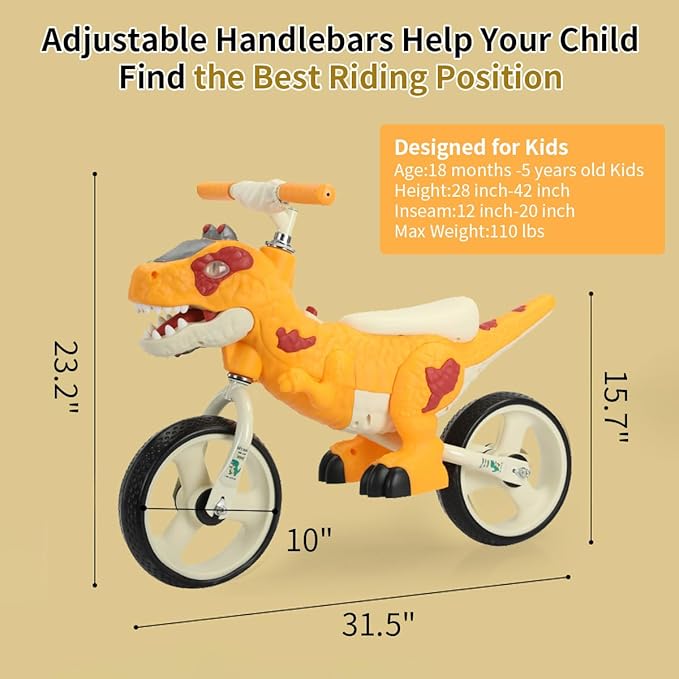Dinosaur-Themed Toddler Balance Bike Toys for 2-7 Year Old Girls & Boys - Music & Lighting Effects, No-Pedal Training Bike, Best Gifts for Kids with Carbon Steel Frame & Adjustable Handlebar