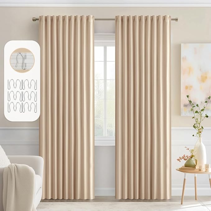 MIULEE Beige Back Tab Blackout Curtains 72 Inch Length 2 Panels Set for Living Room Bedroom Privacy, Rod Pocket/Pinch Pleat Thermal Insulated Room Darkening Pleated Light Blocking Drapes