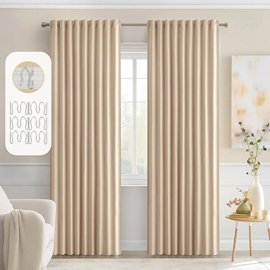MIULEE Beige Back Tab Blackout Curtains 72 Inch Length 2 Panels Set for Living Room Bedroom Privacy, Rod Pocket/Pinch Pleat Thermal Insulated Room Darkening Pleated Light Blocking Drapes