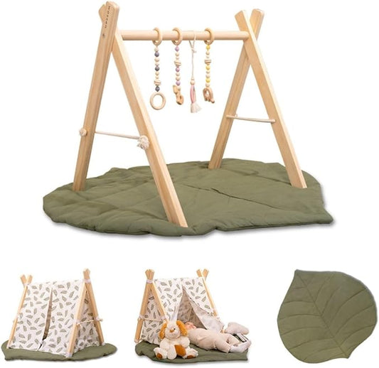 Wossen® Wooden Baby Play Gym Set and PlayTent Cover, Naturel Baby Gym, Reliable Toys, Ergonomic and Multipurpose Use, Mat and Play Tent Cover, Newborn Gift for Baby Girl and Boy