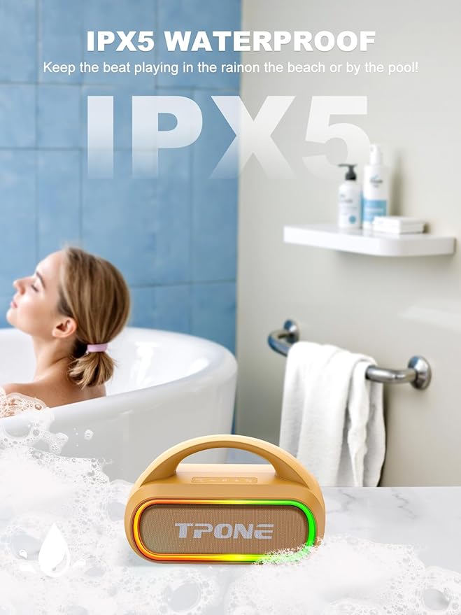 TPone Portable Bluetooth Speaker, 30W (Peak) Wireless Speaker for Outdoor, Up to 12H Playtime, IPX5 Waterproof with Light, TWS Pairing, for Home/Party/Outdoor/Beach, Birthday Gift (Peach Fuzz)