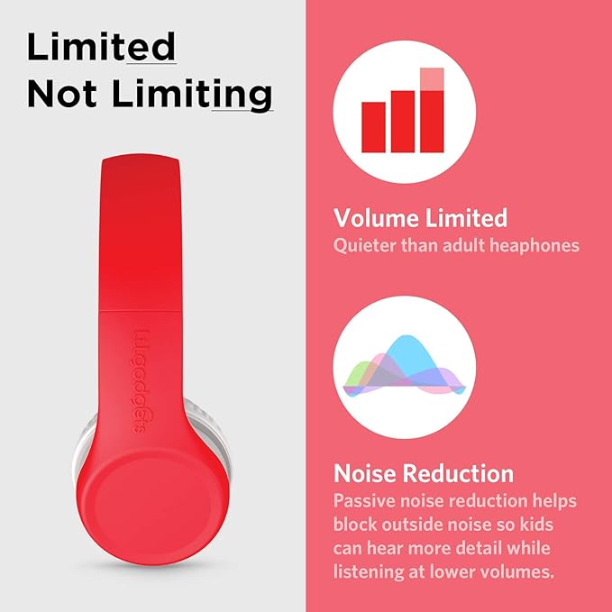 LilGadgets Connect+ Wired Kids Headphones for School with Mic, Volume Limited & Noise Reduction, On-Ear Headset with Cord, SharePort Technology for Multiple Kids & SoftTouch Padding, Red