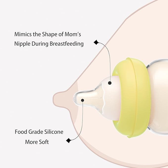 YOHKOH Natural Glass Baby Bottle with Natural Response Nipple, Newborn Anti-Colic Baby Bottles, Wide Neck Mushroom Cap Baby Bottle, Clear (Yellow, 3.4oz (Pack of 2))