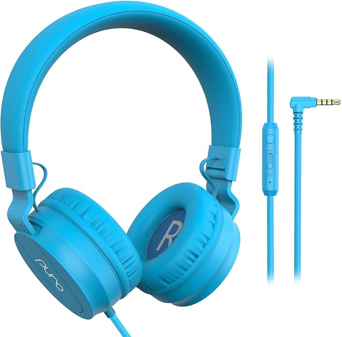 Puro Sound Labs PuroBasic Wired Headphones for Kids - Volume-Limiting & Adjustable with Microphone – Compatible with Smartphones, Tablets, PCs, and More – Safe, Durable Headphones for Kids – Blue