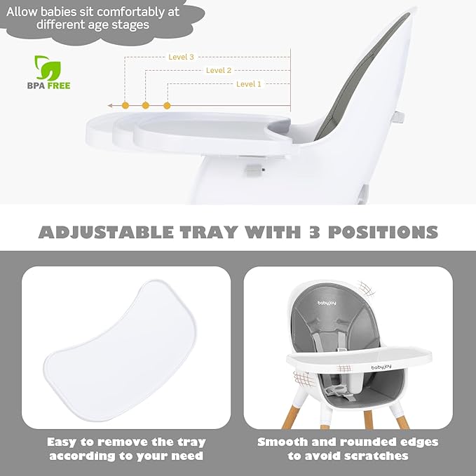 BABY JOY Convertible Baby High Chair, 3 in 1 Highchair w/Adjustable Legs, Dishwasher Safe Tray, Detachable PU Cushion, Footrest, 5-Point Harness for Babies Infants Toddlers (Gray)