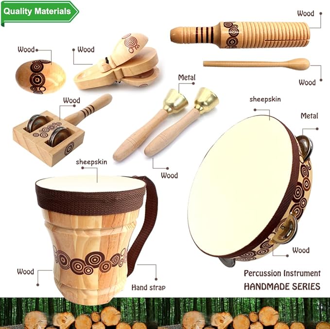 Wooden Musical Instruments Set for Kids,7 Types Percussion Set,Bongo Drum,Tambourine 8 inch...Natural Sheepskin Drumhead,Toddler Musical Toys,Gift for Rhythm Montessori Class Education