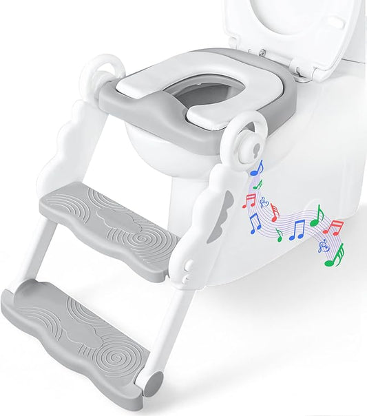 Musical & Sound Toddler Potty Training Seat w/Step Stool Ladder - Collapsible & Adjustable Toilet, Pre Assembled Toddler Toilet Seat w/Music & Sounds - Splash Guard & Anti-Slip Steps - Gray