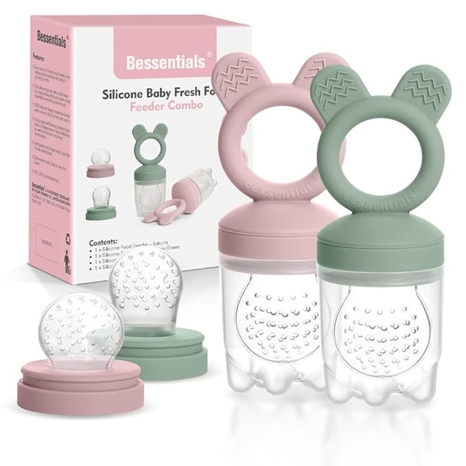 Bessentials Baby Fresh Fruit Food Feeder - 2 Pack Silicone Mesh Feeders for Infant Safe Self Feeding |3 Sizes Food Pouches Included| Suitable for Baby 4m+ (Light Pink & Grass Green)