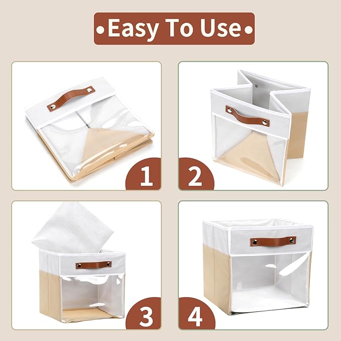 HNZIGE 11 Inch Foldable Fabric Storage Cubes - Clear Bins for Shelves, Canvas Cube Organizer Bins (White Beige 6 PCS)