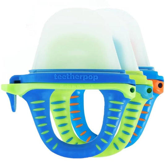 Teetherpop Fillable Silicone Teether for Babies – Breastmilk Popsicle Molds for Teething with Spill-Proof Sippy Slits – Freezable Baby Teethers for Liquids & Purées - Cooling Relief (3-Pack-Blues)