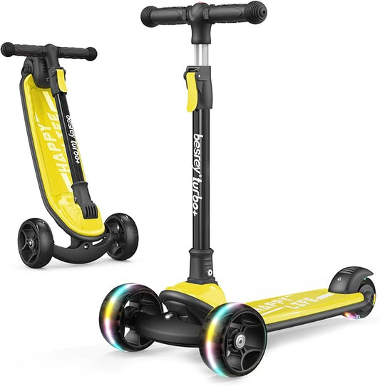 Besrey Kick Scooter for Kids Ages 3-10, 3-Wheel Folding Scooter with Adjustable Height, LED Light Wheels, Extra Wide Deck for Outdoor Activities