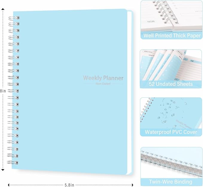 Undated Weekly Planner, Weekly To Do List Notebook with Goal & Habit Tracker Organizer, A5 5.7" x 8.0" Weekly Planner Notebook with Spiral Binding for Men or Women