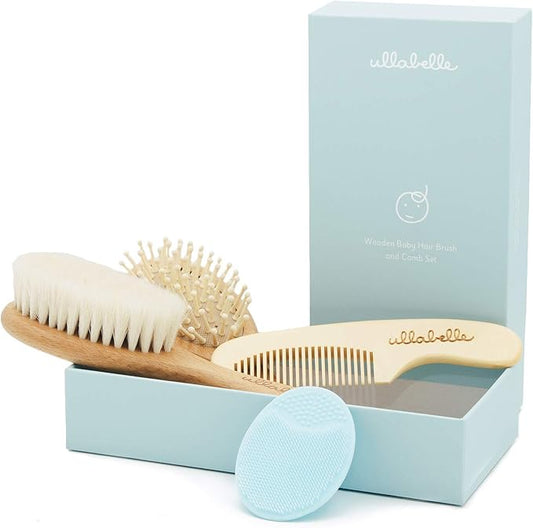 4 Piece Wooden Baby Hair Brush and Comb Set for Newborns & Toddlers in Chic Gift Box - Ultra Soft Natural Goat Hair and Wood Baby Brush Set Prevents Cradle Cap - Perfect Registry Gift (Blue)