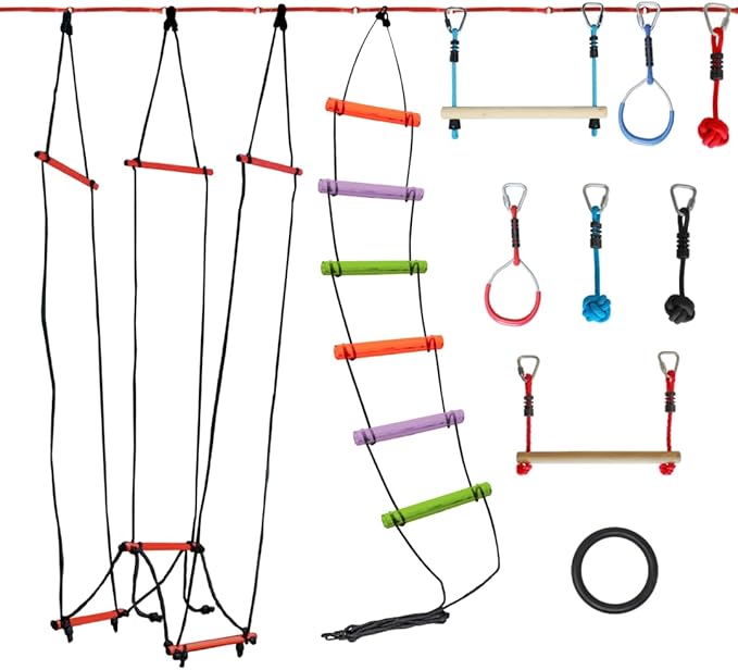 Slackers Exclusive Ninjaline Kit with Rickety Bridge & 15' Bachar Ladder – 36' Obstacle Course Line with 7 Obstacles – Outdoor Ninja Training System