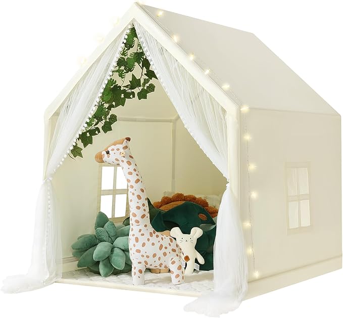 Wilwolfer Kid Tent with Mat, Star Lights - Kids Play Tents for Toddlers Kids Tents Indoor Playhouse - Princess Tent for Girls Toy House Gift (Beige with Mesh)