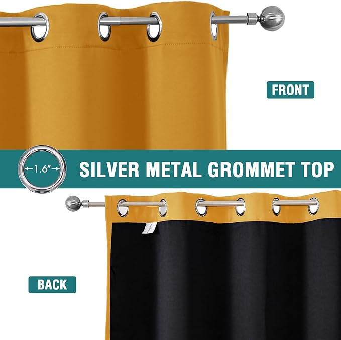 ChrisDowa 100% Blackout Curtains for Bedroom with Black Liner, 2 Thick Layers Total Blackout Thermal Insulated Grommet Window Curtains 2 Panels Set (Mustard Yellow, 52 x 84 Inch)