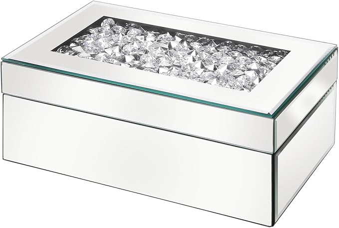 Luxury Mirrored Jewelry Box with Crushed Diamond - Glass Jewelry Box Organizer Storage for Women, Ring Holder Case for Dresser and Decorative