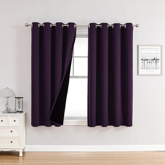ChrisDowa 100% Blackout Curtains for Bedroom with Black Liner, 2 Thick Layers Total Blackout Thermal Insulated Grommet Window Curtains 2 Panels Set (Royal Purple, 52 x 63 Inch)