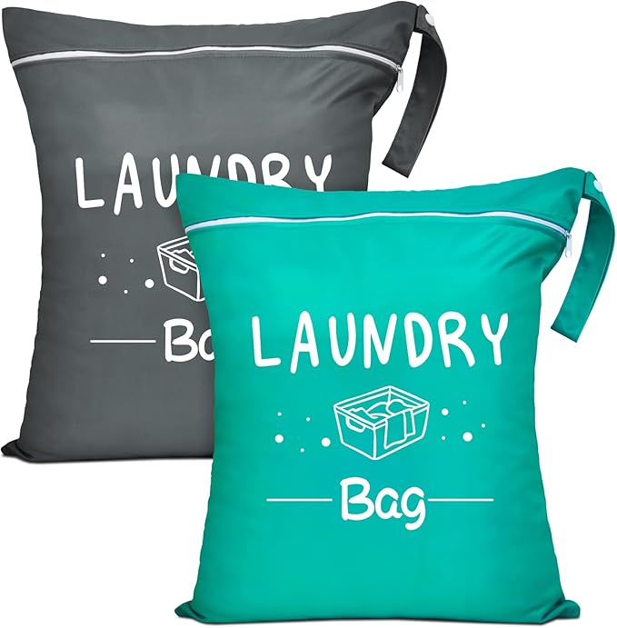 2 Pcs Large Travel Laundry Bags - Waterproof Wet/Dry, Washable, Drawstring, Bathing Suit, Workout, Gym Clothes, Swimming, Yoga - Green, Grey